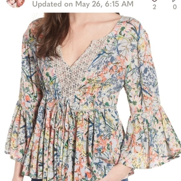 Anthropologie Raga Monique Cropped Boho Bell‎ Sleeve
Floral Crochet V Neck Top M - Picture 1 of 8